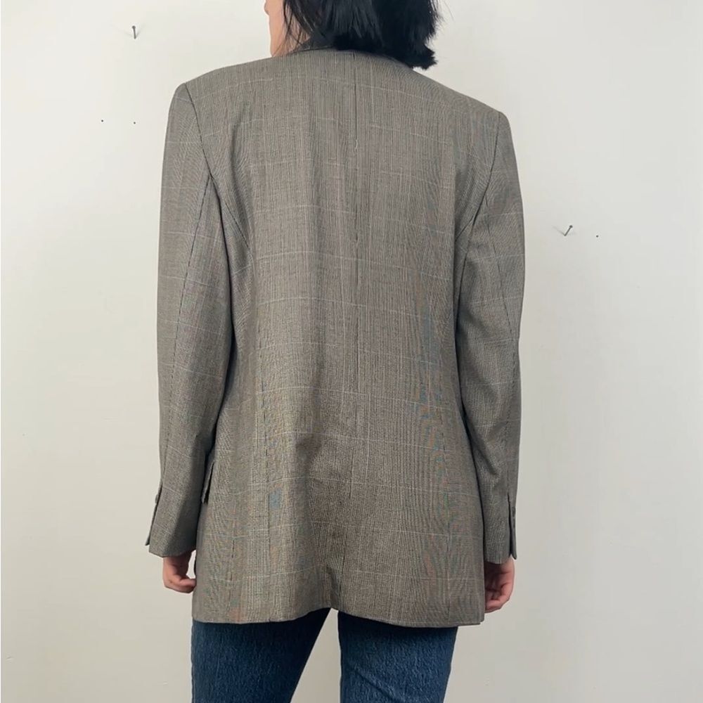 Vintage Burberry Plaid Tan Grey Wool Silk Blazer - Picture 4 of 8